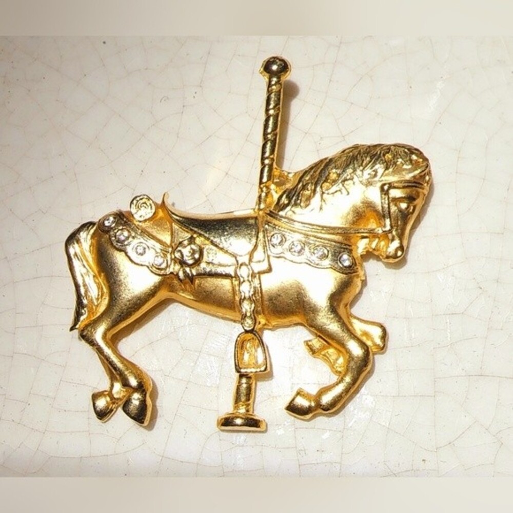Vintage Gold Tone Carousel Horse Figural Statement Brooch